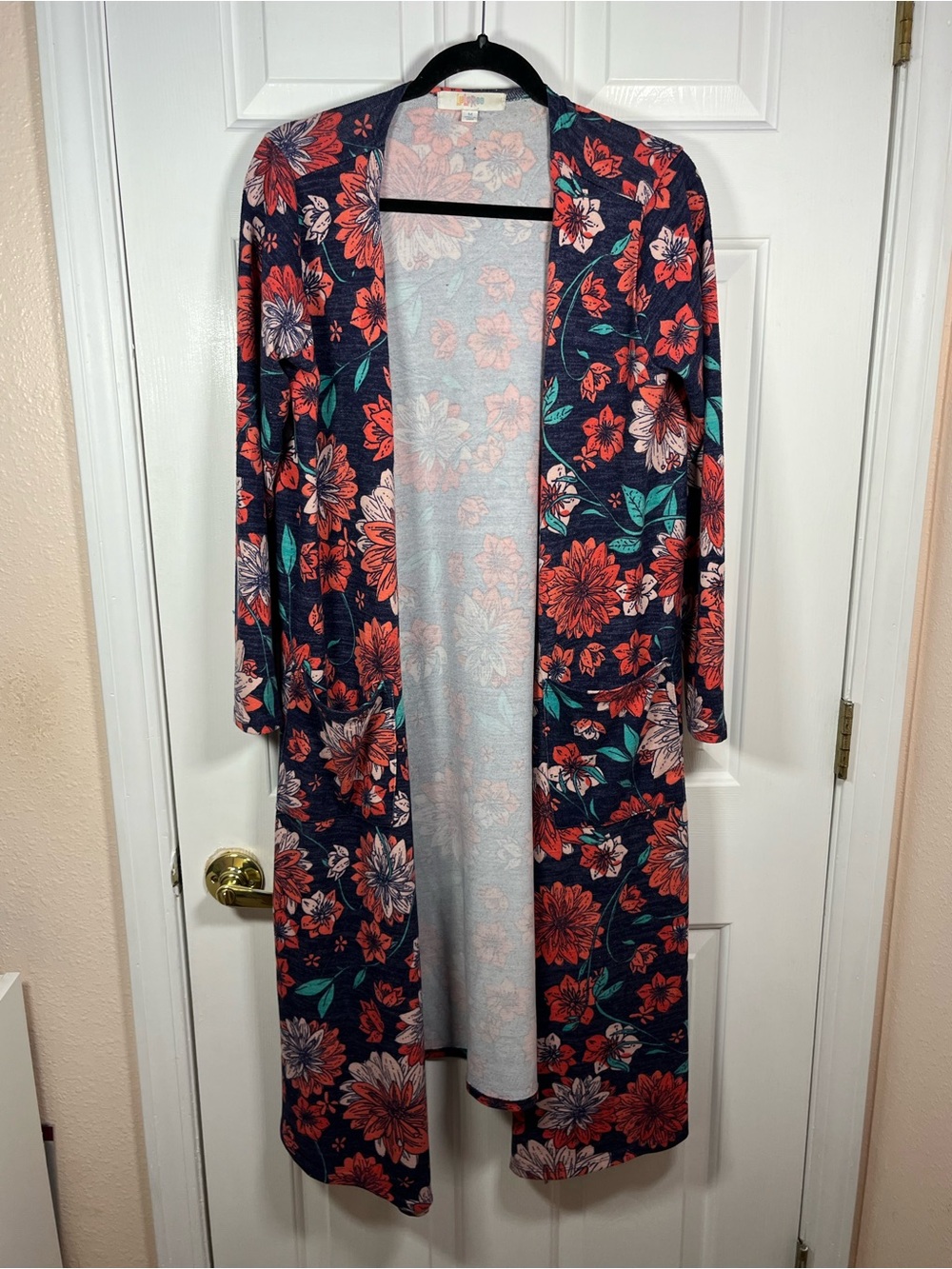Floral Open Front/Button up Duster Cardigan - Navy with Coral & Teal Flowers